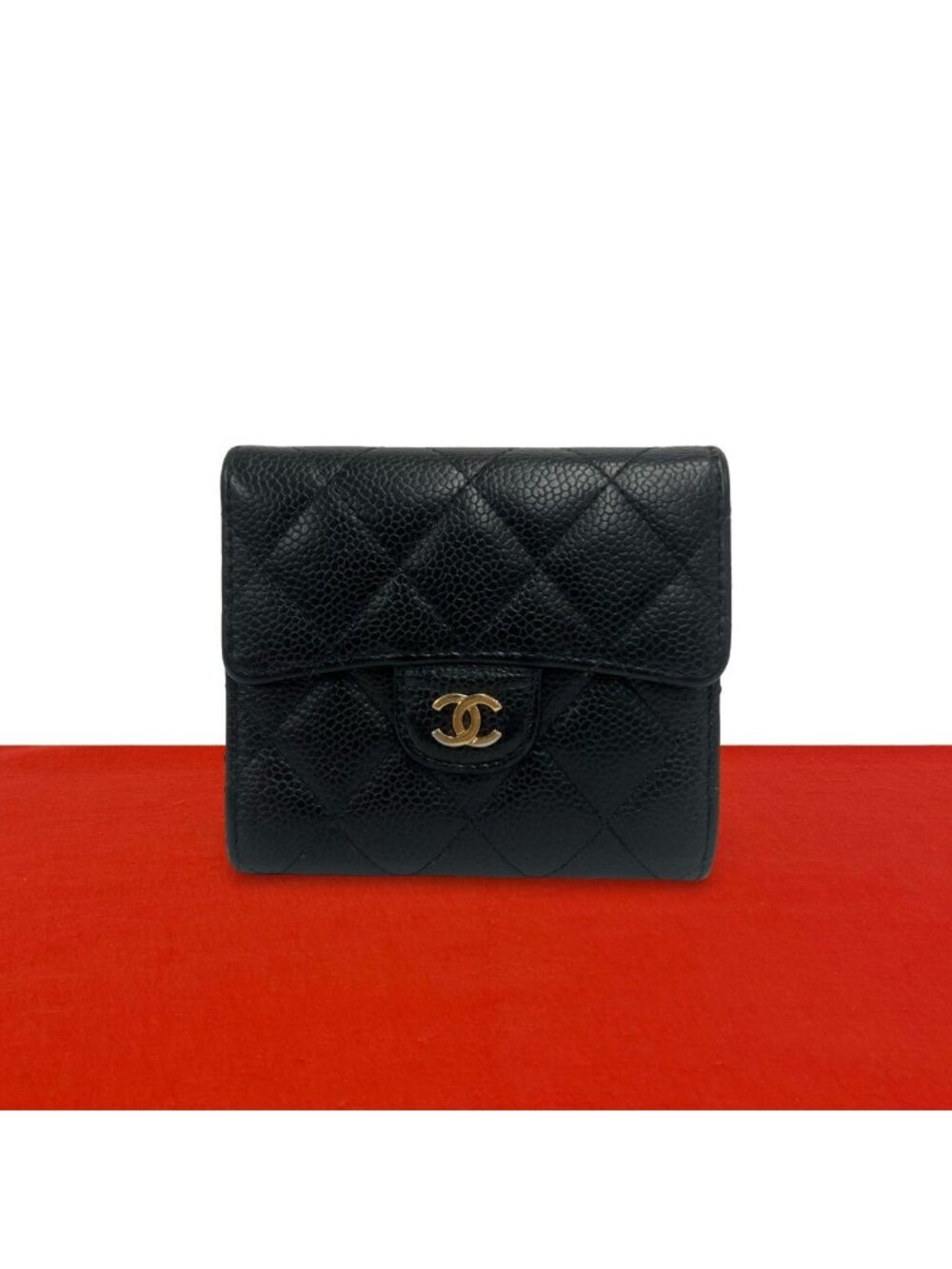 Chanel Quilted CC Logo Caviar Leather Trifold Wallet Mini Coin Purse Black